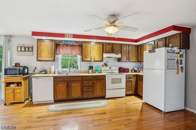 kitchen featuring white appliances, under cabinet range hood, a sink, light countertops, and brown cabinets