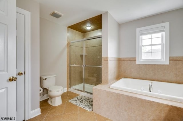 9 Colgate Ct, Franklin Twp, NJ 08873 - bathroom with toilet, a stall shower, a bath, tile patterned flooring, and baseboards