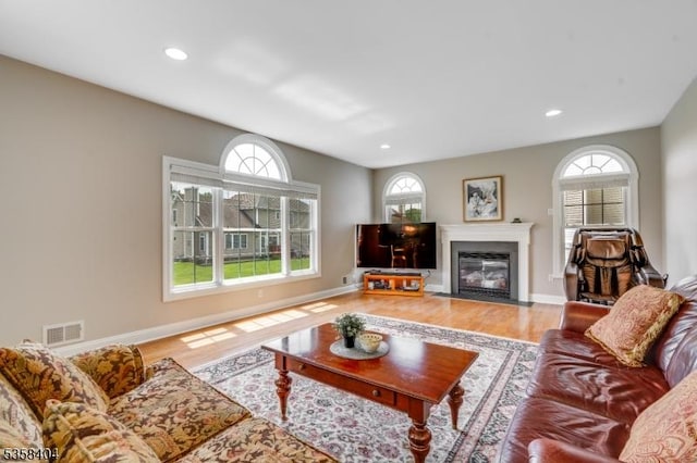 9 Colgate Ct, Franklin Twp, NJ 08873 - living room with wood finished floors, a fireplace with flush hearth, recessed lighting, and baseboards