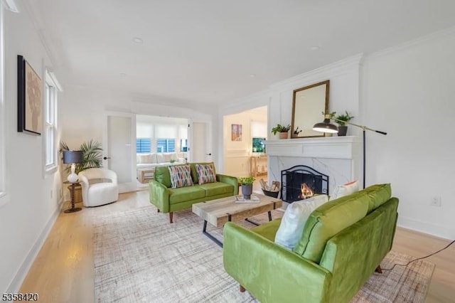 living area with a high end fireplace, wood finished floors, ornamental molding, and baseboards