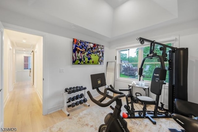 workout area featuring wood finished floors, baseboards, and a raised ceiling