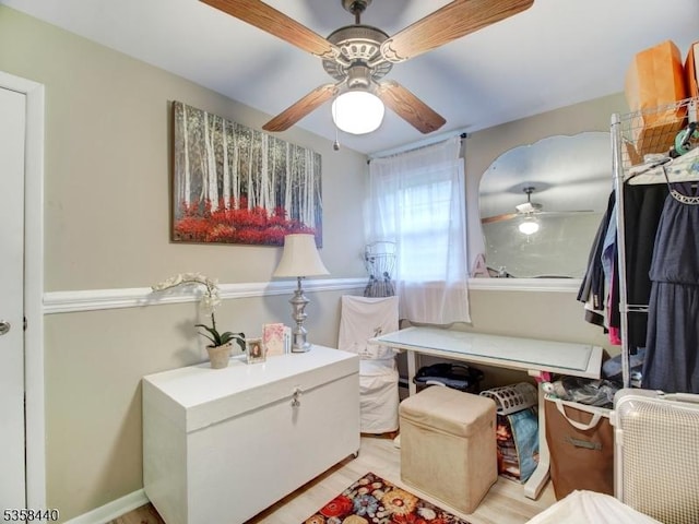 bathroom featuring a ceiling fan, vanity, and wood finished floors