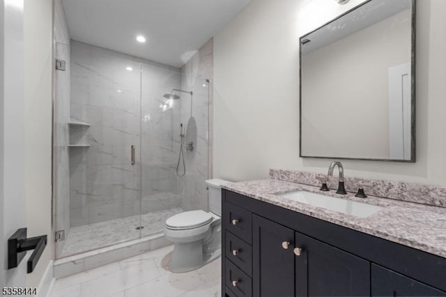 128 Fairmount Ave, Chatham Boro, NJ 07928 - full bathroom featuring marble look tile flooring, vanity, a marble finish shower, and recessed lighting