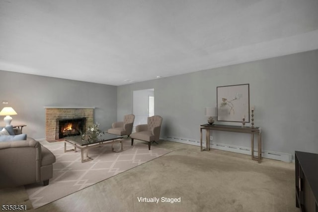 64 Old Smalleytown Rd, Warren Twp, NJ 07059 - carpeted living room featuring a brick fireplace and a baseboard radiator