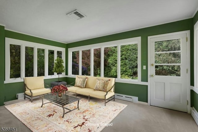 64 Old Smalleytown Rd, Warren Twp, NJ 07059 - sunroom / solarium featuring a baseboard radiator, crown molding, and carpet flooring