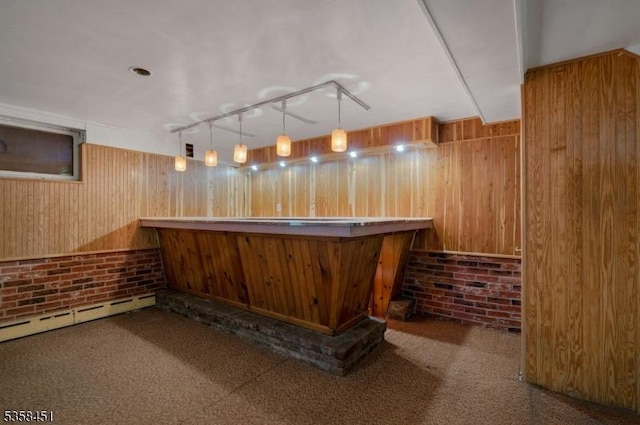 64 Old Smalleytown Rd, Warren Twp, NJ 07059 - indoor dry bar with wooden walls, baseboard heating, carpet, and brick wall