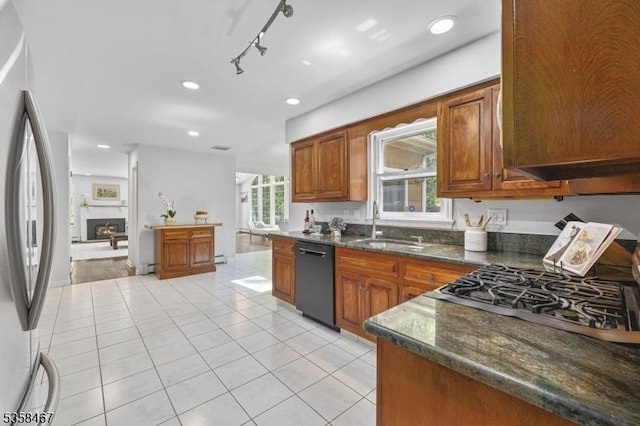 6 Mount Pleasant Rd, Mendham Twp, NJ 07960 - kitchen featuring dishwasher, freestanding refrigerator, a sink, light tile patterned floors, and brown cabinetry