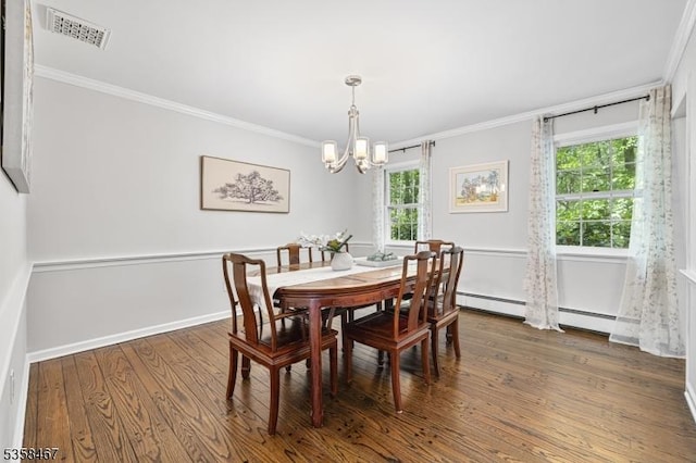6 Mount Pleasant Rd, Mendham Twp, NJ 07960 - dining room with a chandelier, ornamental molding, wood finished floors, baseboards, and a baseboard radiator