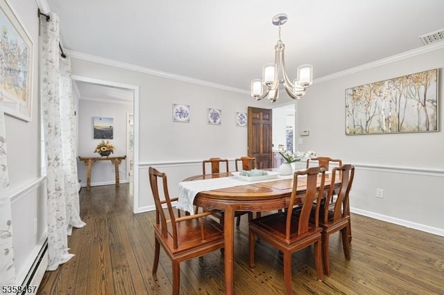 6 Mount Pleasant Rd, Mendham Twp, NJ 07960 - dining area with baseboard heating, wood-type flooring, a chandelier, crown molding, and baseboards