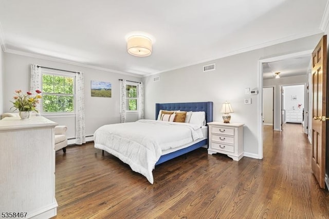 6 Mount Pleasant Rd, Mendham Twp, NJ 07960 - bedroom with crown molding, dark wood-type flooring, a baseboard heating unit, and baseboards