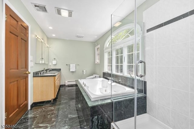 6 Mount Pleasant Rd, Mendham Twp, NJ 07960 - full bathroom with vanity, a tub with jets, marble tiled floors, baseboard heating, and a shower stall