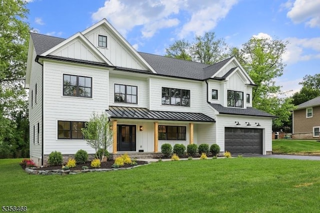 237 Appletree Ln, Mountainside Boro, NJ 07092 - modern farmhouse featuring board and batten siding, a standing seam roof, driveway, and a front yard