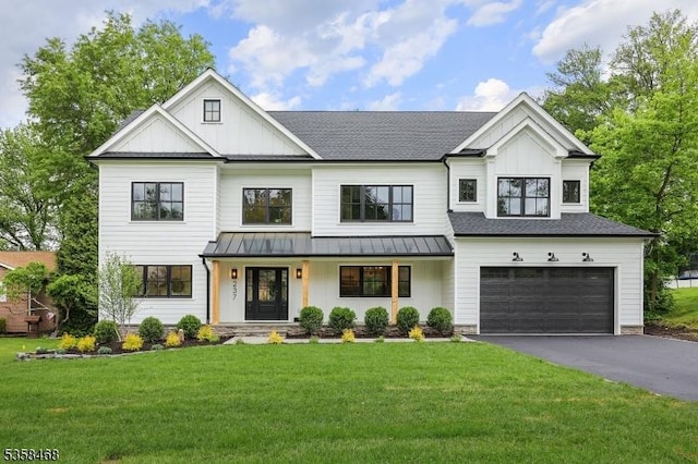 237 Appletree Ln, Mountainside Boro, NJ 07092 - modern inspired farmhouse featuring a standing seam roof, a porch, board and batten siding, driveway, and a garage