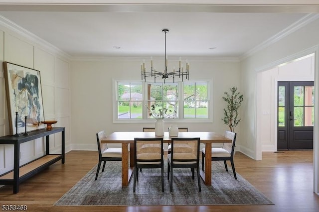 237 Appletree Ln, Mountainside Boro, NJ 07092 - dining area with a chandelier, dark wood finished floors, ornamental molding, and baseboards