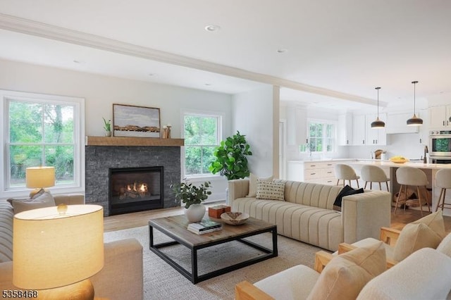 237 Appletree Ln, Mountainside Boro, NJ 07092 - living room with light wood-style floors, a stone fireplace, and recessed lighting