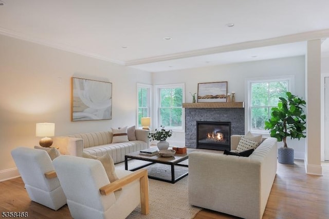 237 Appletree Ln, Mountainside Boro, NJ 07092 - living area with plenty of natural light, wood finished floors, ornamental molding, and a fireplace