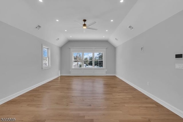 737 Wingate Dr, Bridgewater Twp, NJ 08807 - additional living space featuring ceiling fan, recessed lighting, light wood-style floors, vaulted ceiling, and baseboards
