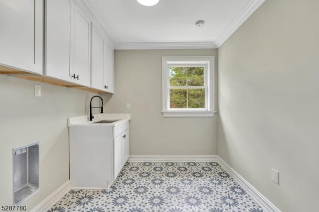 737 Wingate Dr, Bridgewater Twp, NJ 08807 - washroom with a sink, baseboards, and crown molding