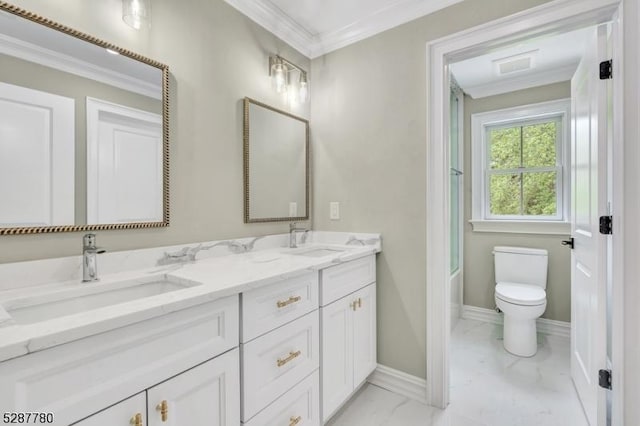 737 Wingate Dr, Bridgewater Twp, NJ 08807 - full bathroom with double vanity, marble finish floors, ornamental molding, baseboards, and toilet
