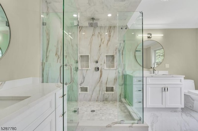 737 Wingate Dr, Bridgewater Twp, NJ 08807 - bathroom with a marble finish shower, vanity, toilet, marble look tile flooring, and ornamental molding