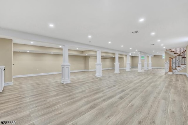 737 Wingate Dr, Bridgewater Twp, NJ 08807 - basement featuring stairs, baseboards, light wood finished floors, and recessed lighting