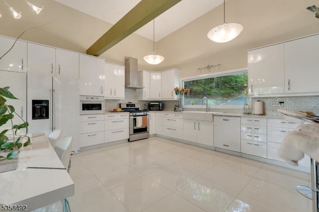 1178 Johnston Dr, Watchung Boro, NJ 07069 - kitchen featuring white appliances, wall chimney range hood, decorative backsplash, white cabinetry, and high vaulted ceiling
