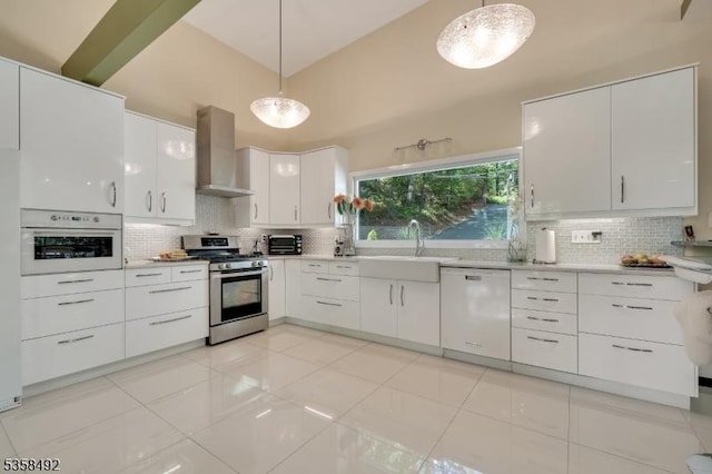 1178 Johnston Dr, Watchung Boro, NJ 07069 - kitchen with white appliances, wall chimney exhaust hood, tasteful backsplash, white cabinetry, and high vaulted ceiling