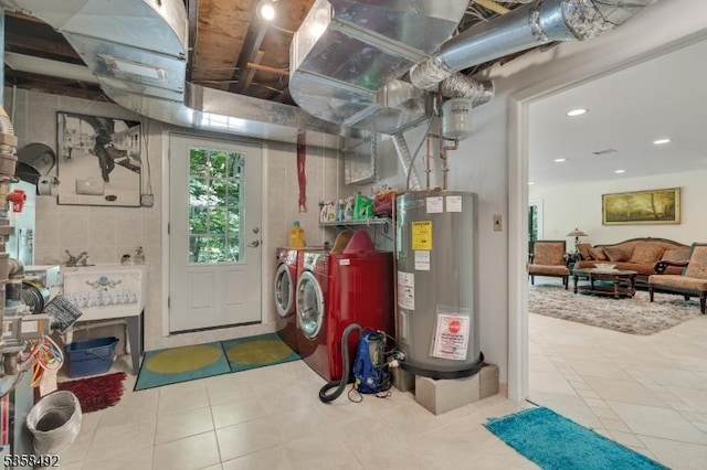 1178 Johnston Dr, Watchung Boro, NJ 07069 - basement with water heater, washer and dryer, a sink, tile patterned floors, and recessed lighting