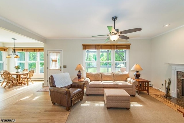 2 Jolie Ct, Boonton Town, NJ 07005 - living area featuring ceiling fan, light wood-type flooring, crown molding, a premium fireplace, and baseboard heating