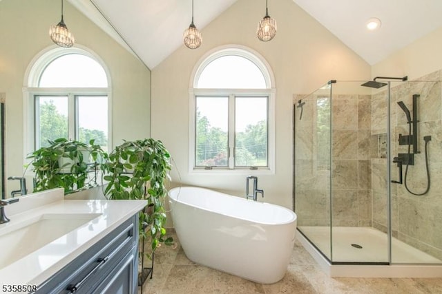 2 Jolie Ct, Boonton Town, NJ 07005 - full bath with plenty of natural light, lofted ceiling, a stall shower, and vanity