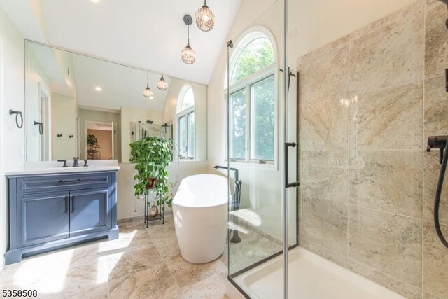 2 Jolie Ct, Boonton Town, NJ 07005 - full bath with a stall shower, a soaking tub, vanity, and high vaulted ceiling