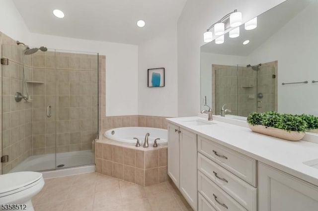 618 Turlington Ct, Livingston Twp, NJ 07039 - full bathroom featuring tile patterned floors, a stall shower, a garden tub, double vanity, and recessed lighting