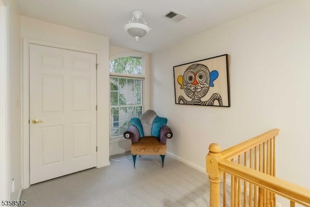 618 Turlington Ct, Livingston Twp, NJ 07039 - living area featuring carpet, an upstairs landing, and baseboards