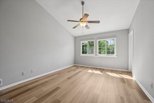 24 Stevens Ct, Bedminster Twp, NJ 07921 - empty room with vaulted ceiling, light wood-type flooring, a ceiling fan, and baseboards