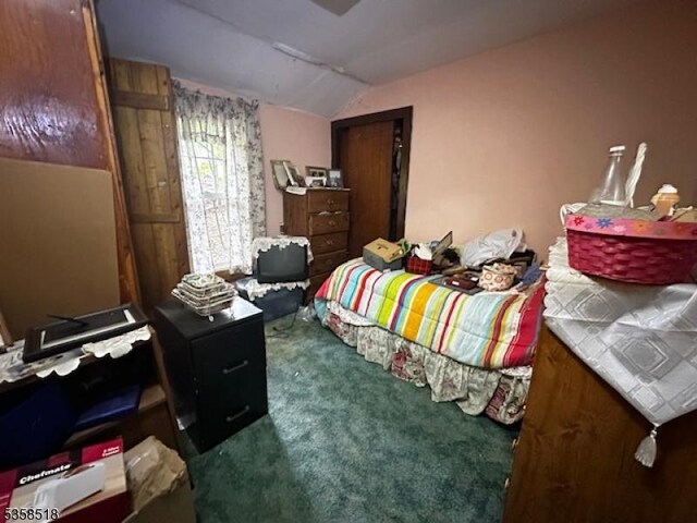 bedroom with carpet and lofted ceiling