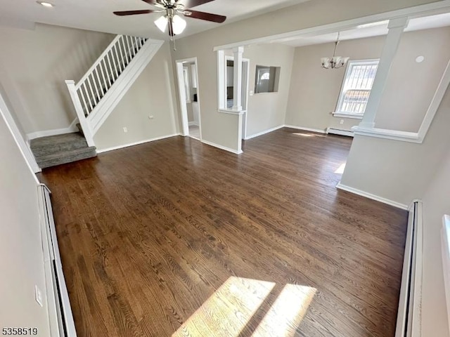 214 Maple Ave, Irvington Twp, NJ 07111 - unfurnished living room with a baseboard radiator, ceiling fan, dark wood-type flooring, and stairway