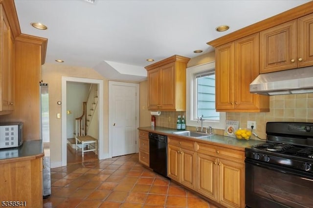 22 Bailey Rd, Millburn Twp, NJ 07041 - kitchen featuring black appliances, a sink, under cabinet range hood, backsplash, and light tile patterned flooring