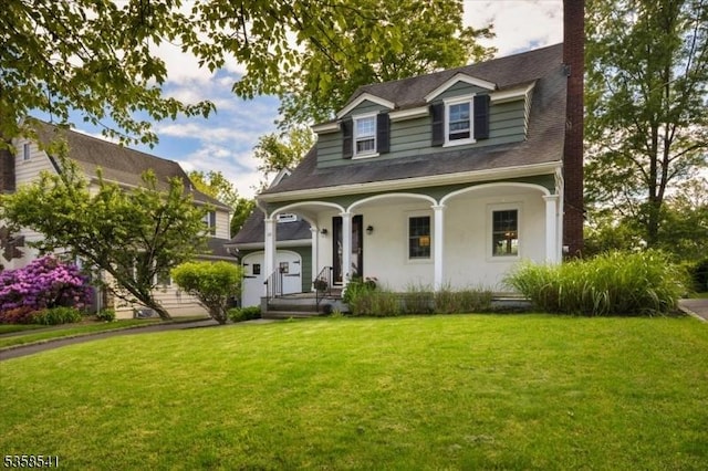 22 Bailey Rd, Millburn Twp, NJ 07041 - view of front facade featuring covered porch, a front lawn, a chimney, and a shingled roof