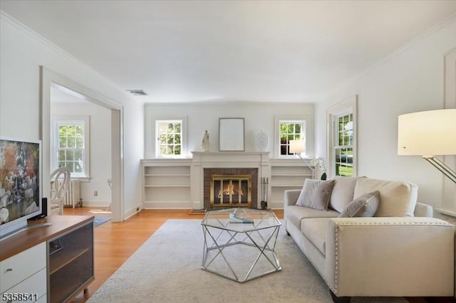 22 Bailey Rd, Millburn Twp, NJ 07041 - living area with light wood-style flooring, plenty of natural light, crown molding, a fireplace with flush hearth, and baseboards