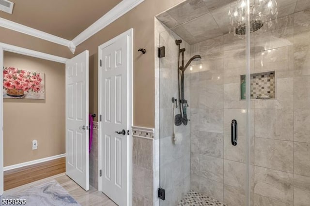7 Montaine Pl, Clinton Twp, NJ 08833 - bathroom with a shower stall, crown molding, wood finished floors, and baseboards
