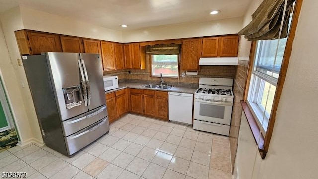 118 Prospect St, Franklin Twp, NJ 08873 - kitchen featuring white appliances, a sink, under cabinet range hood, brown cabinetry, and backsplash