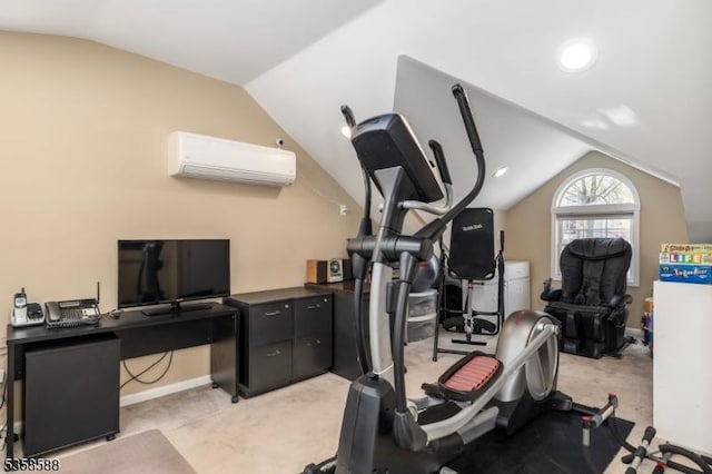 exercise area featuring an AC wall unit, vaulted ceiling, light colored carpet, and baseboards