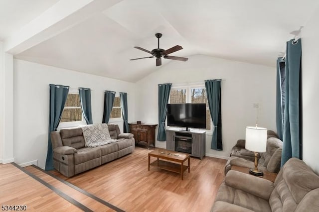 620 Hemlock Rd, Hampton Twp, NJ 07860 - living room featuring ceiling fan, light wood-style floors, lofted ceiling, and baseboards