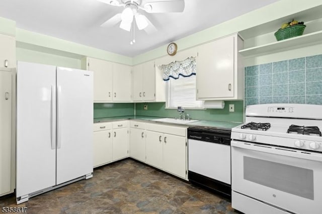 718 Pine St, Roselle Park Boro, NJ 07204 - kitchen featuring white appliances, a ceiling fan, white cabinets, decorative backsplash, and open shelves