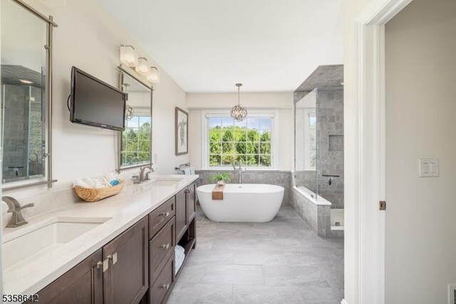 11 Brookside Dr, Peapack Gladstone Boro, NJ 07934 - bathroom featuring a freestanding bath, double vanity, and tiled shower