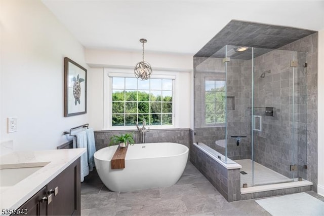 11 Brookside Dr, Peapack Gladstone Boro, NJ 07934 - full bathroom with a soaking tub, vanity, a shower stall, and tile walls