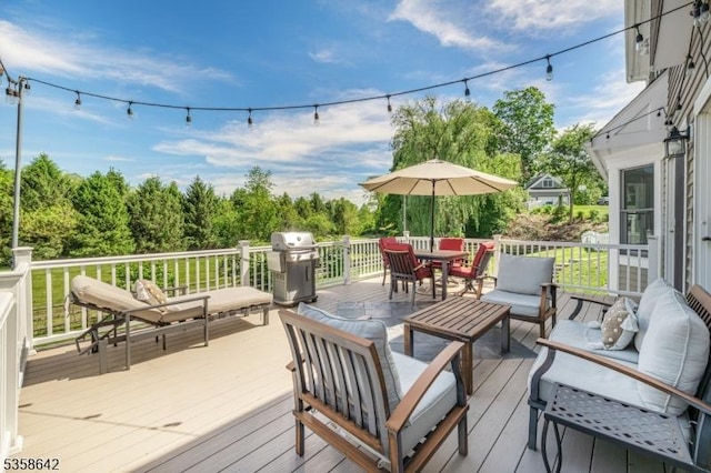 11 Brookside Dr, Peapack Gladstone Boro, NJ 07934 - wooden deck with area for grilling, an outdoor living space, and outdoor dining space