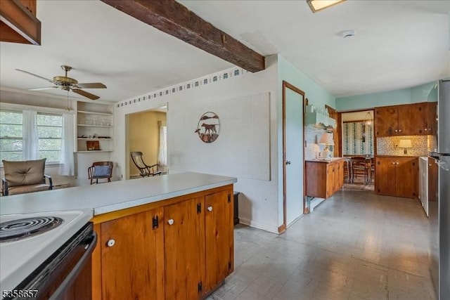 18 Pottersville Rd, Peapack Gladstone Boro, NJ 07934 - kitchen with a ceiling fan, brown cabinetry, light countertops, beam ceiling, and tasteful backsplash