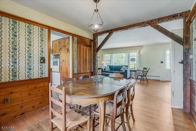 18 Pottersville Rd, Peapack Gladstone Boro, NJ 07934 - dining room featuring light wood-type flooring, a baseboard radiator, and wooden walls