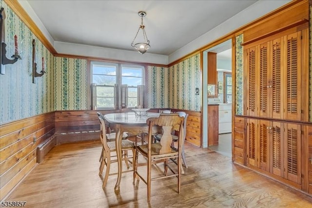 18 Pottersville Rd, Peapack Gladstone Boro, NJ 07934 - dining area featuring wallpapered walls, wainscoting, and light wood finished floors
